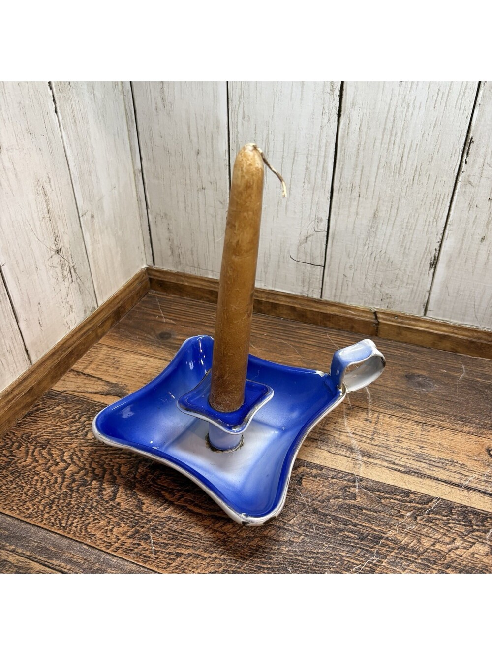 French Country Blue Enamelware Metal Candle Holder w/Handle Square 5.25" x 2"